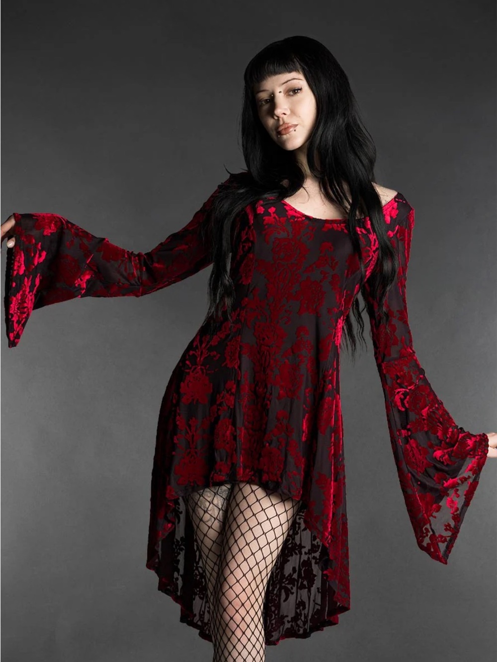 Red Velvet Burnout High-Low Bell Sleeve Dress